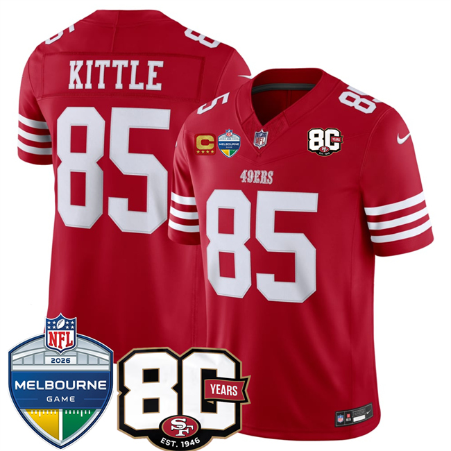 Men's Red San Francisco 49ers #85 George kittle 80th Anniversary And Melbourne Game Patch 2026 F.U.S.E. Vapor Untouchabl2026 F.U.S.E. Vapor Untouchable Limited Stitched Football Jersey